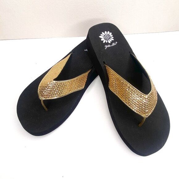NEW Yellow Box Susan Platform Flip Flops 8 Gold Sequin Black Boho Sandals - Picture 1 of 8
